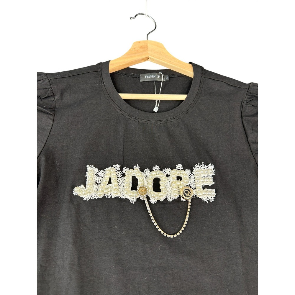 Fashion 21 Black Short Sleeve‎ T Shirt Womens JADORE Pearl Chain Embellishment - Picture 2 of 3